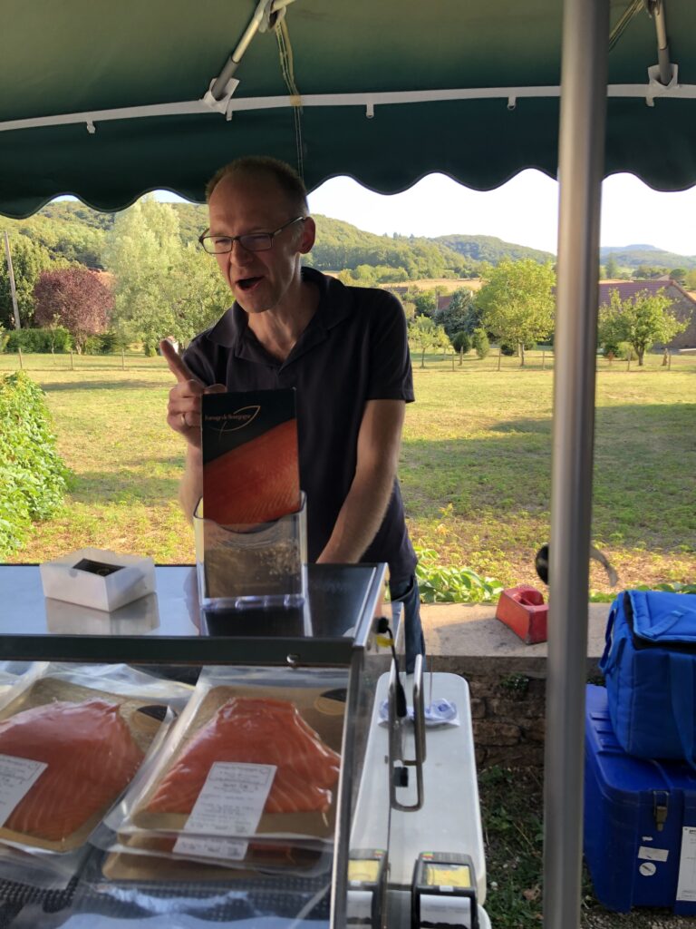 smoked salmon stall at Collonges